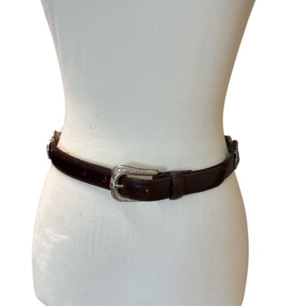Fossil Skinny Belt Brown Leather Womens S Ornate Silver Metal Buckle and Keeper